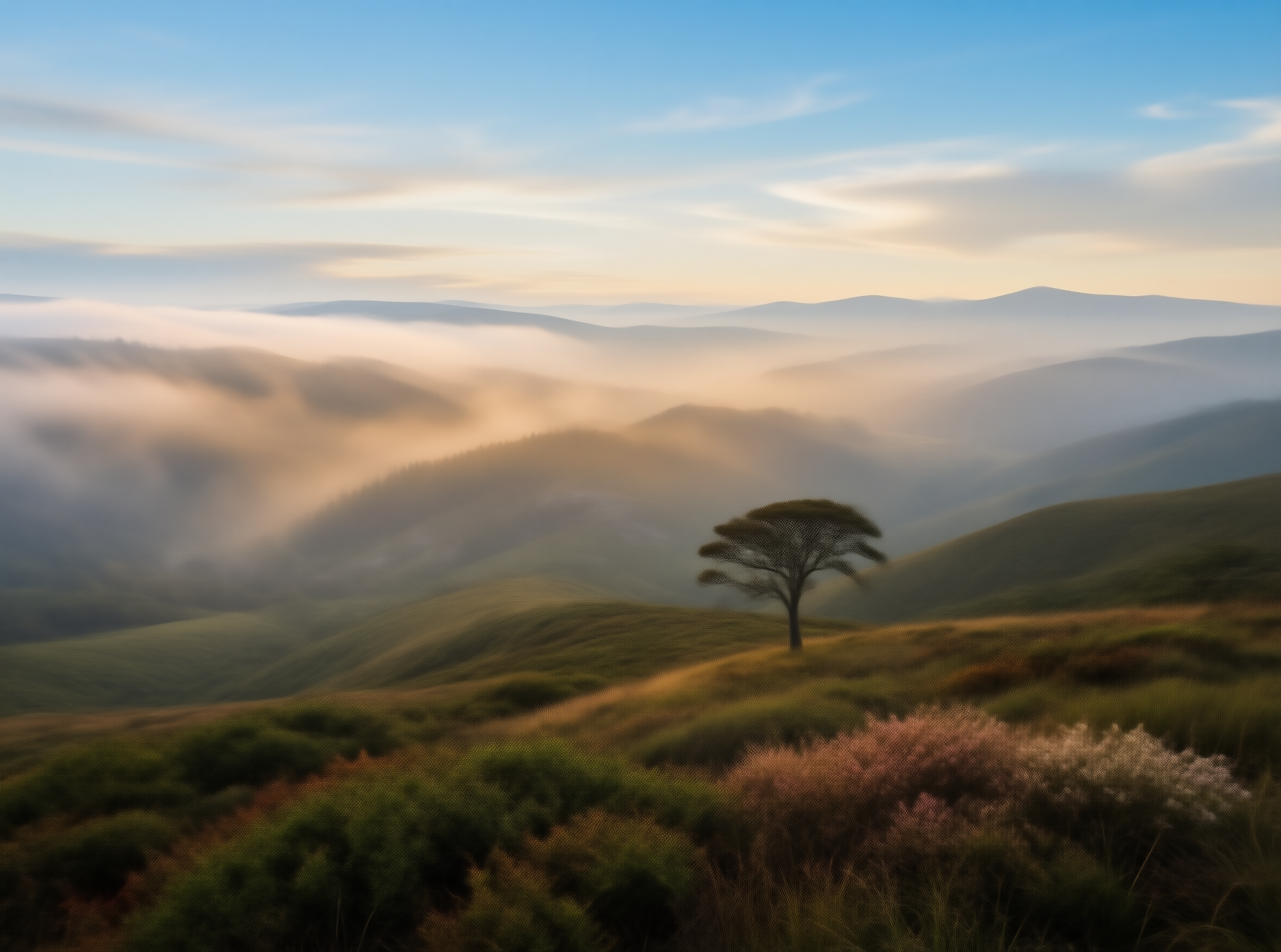 Solitary Tree in Foggy Hills