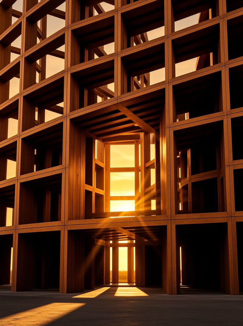 A geometric wooden grid structure glowing as low sun rays stream through its open cubicles.