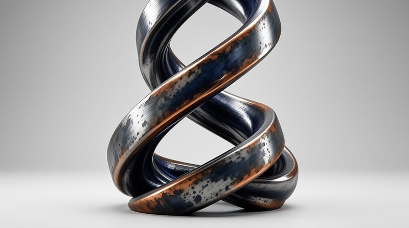 A patinated twisted metal sculpture rests on a plain grey studio surface under even soft lighting.