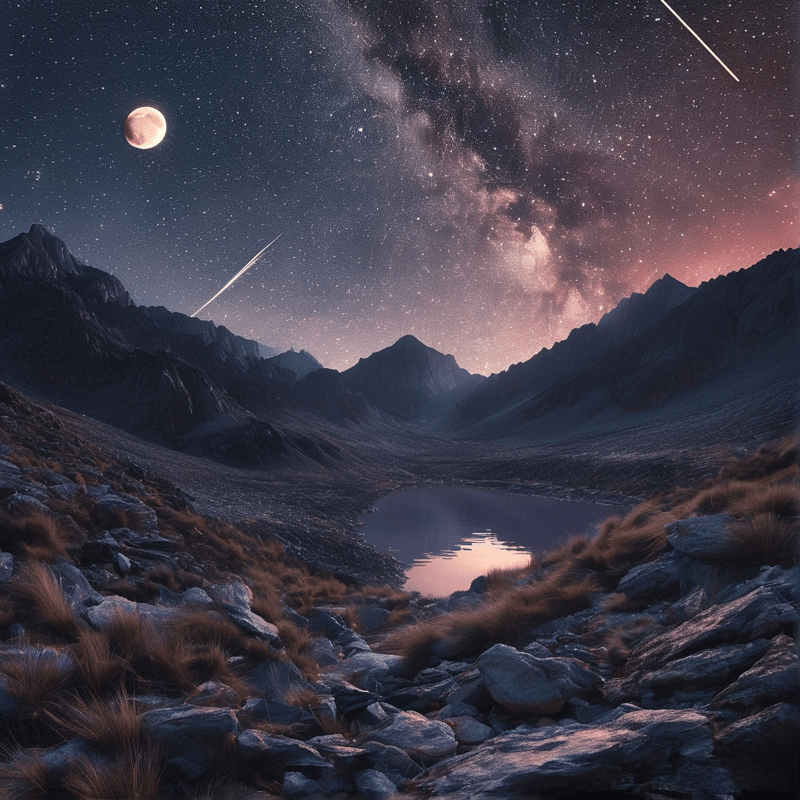 A still lake sits among jagged peaks beneath a vibrant night sky filled with constellations and meteors.