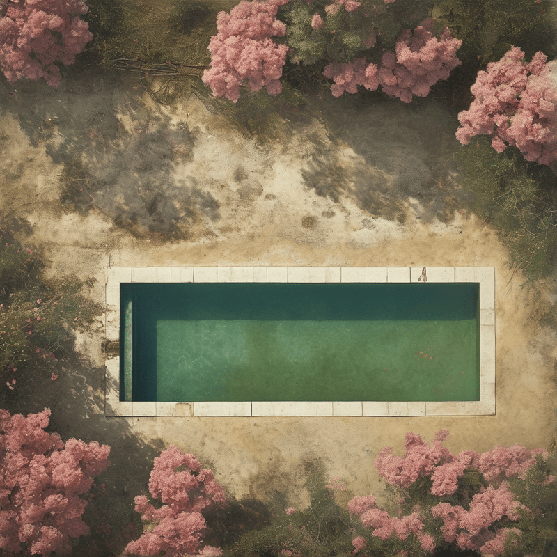 An overhead perspective captures a rectangular swimming pool with green water framed by blooming pink trees and sandy terrain.