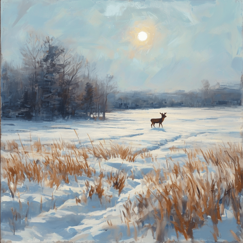 A brown deer stands in a snowy field with dry grass and a bright sun shining over distant trees.