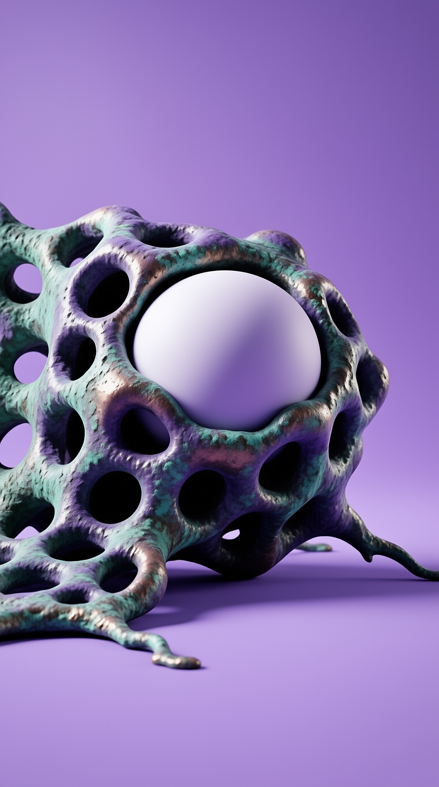 An iridescent porous structure with numerous holes rests on a purple surface, cradling a smooth white sphere.