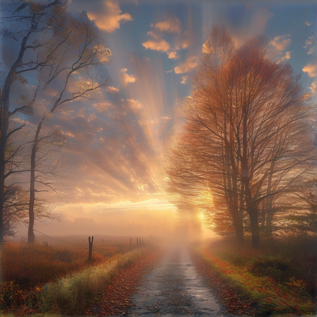Misty Sunrise on Country Road