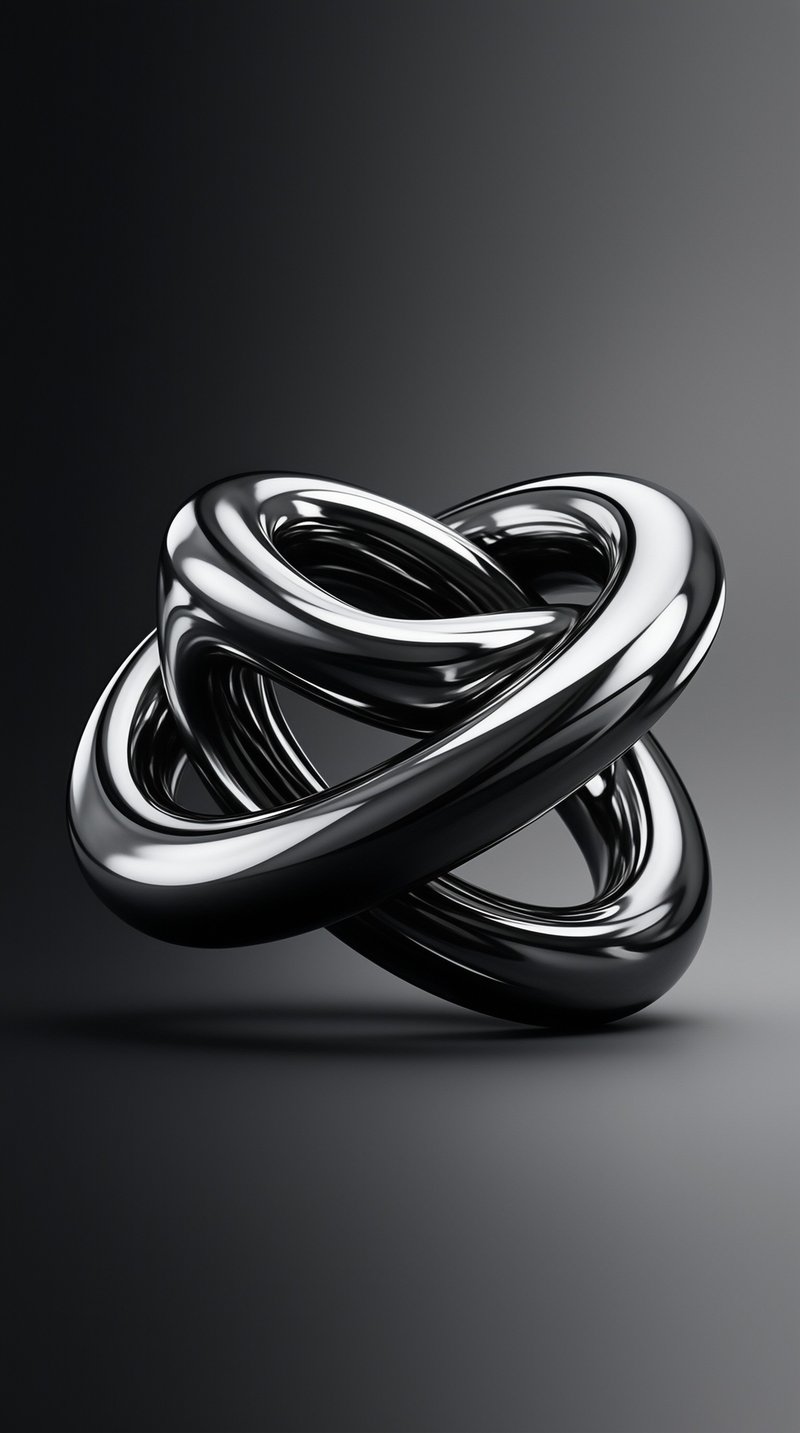 Shiny metallic knot shape floating against dark gray gradient background with strong reflections.