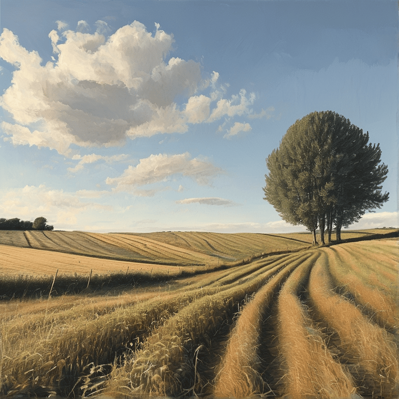 Rolling farmland stretches toward green trees beneath a vast blue sky filled with large white clouds.