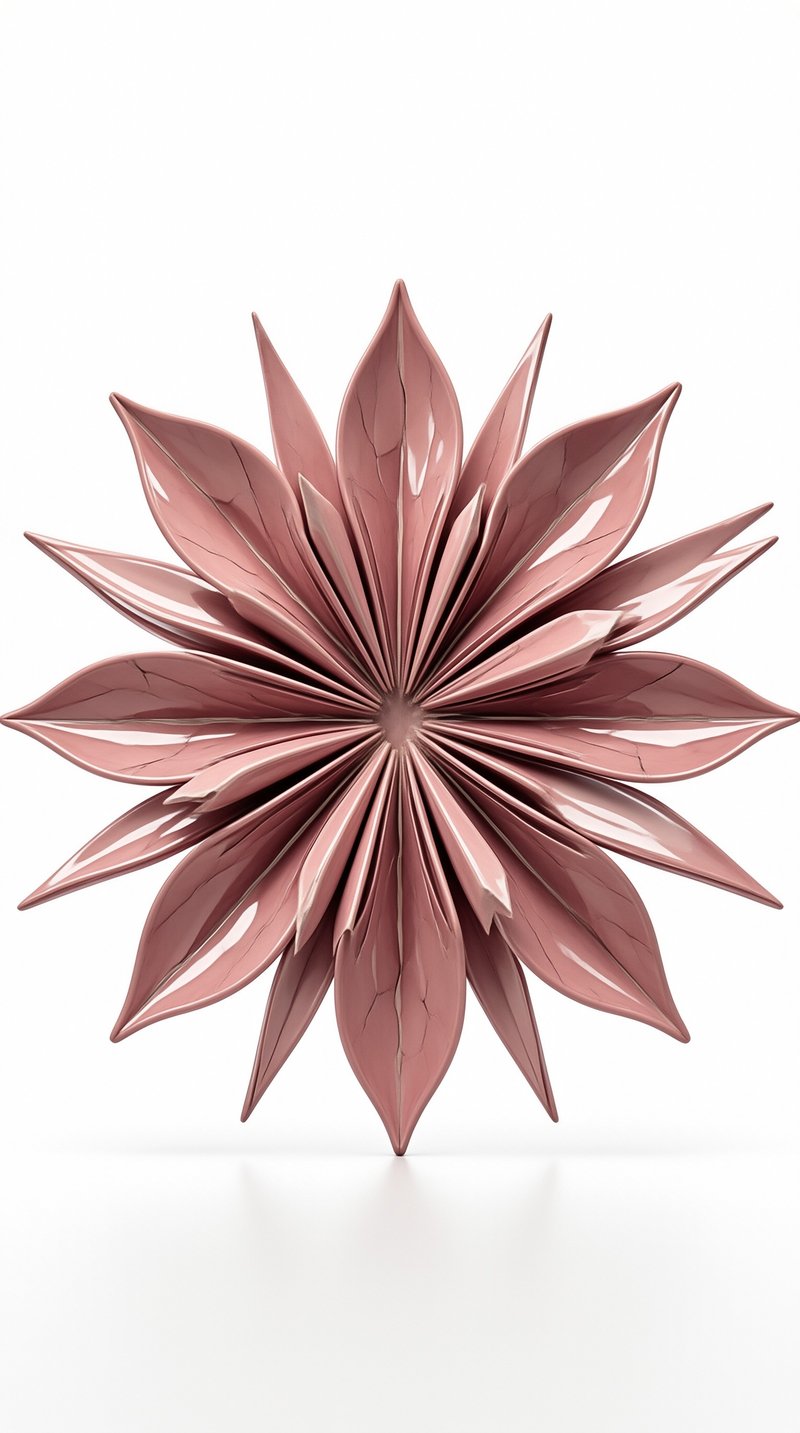 A symmetrical pinkish-brown flower sculpture with glossy petals stands centered on a seamless white studio surface.