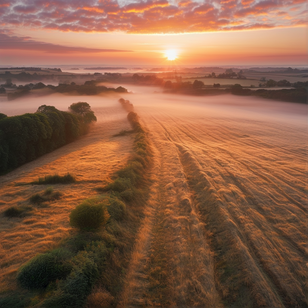 Aerial view of a grassy field shrouded in thick mist as the sun rises brightly on the horizon.