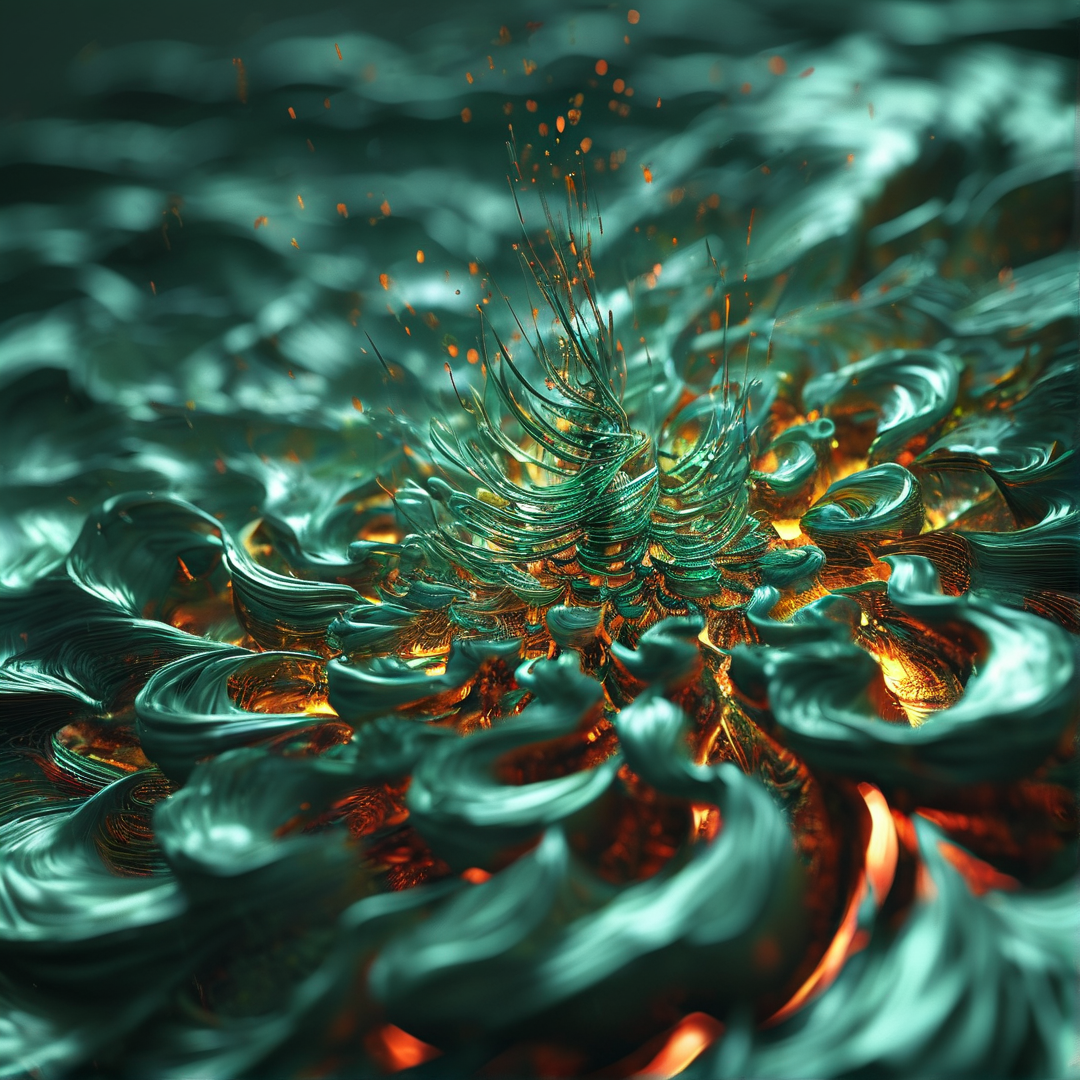 Flowing pattern of teal and gold liquid forms with sparkling particles suspended in turbulent motion