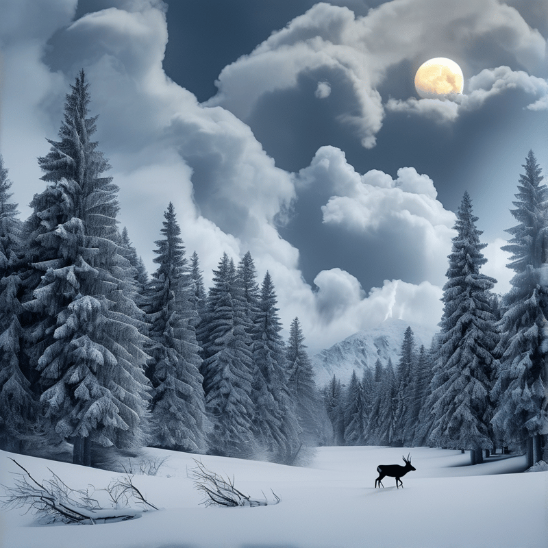 A dark deer stands on white snow surrounded by snow-covered pine trees with a large moon visible in the cloudy sky.