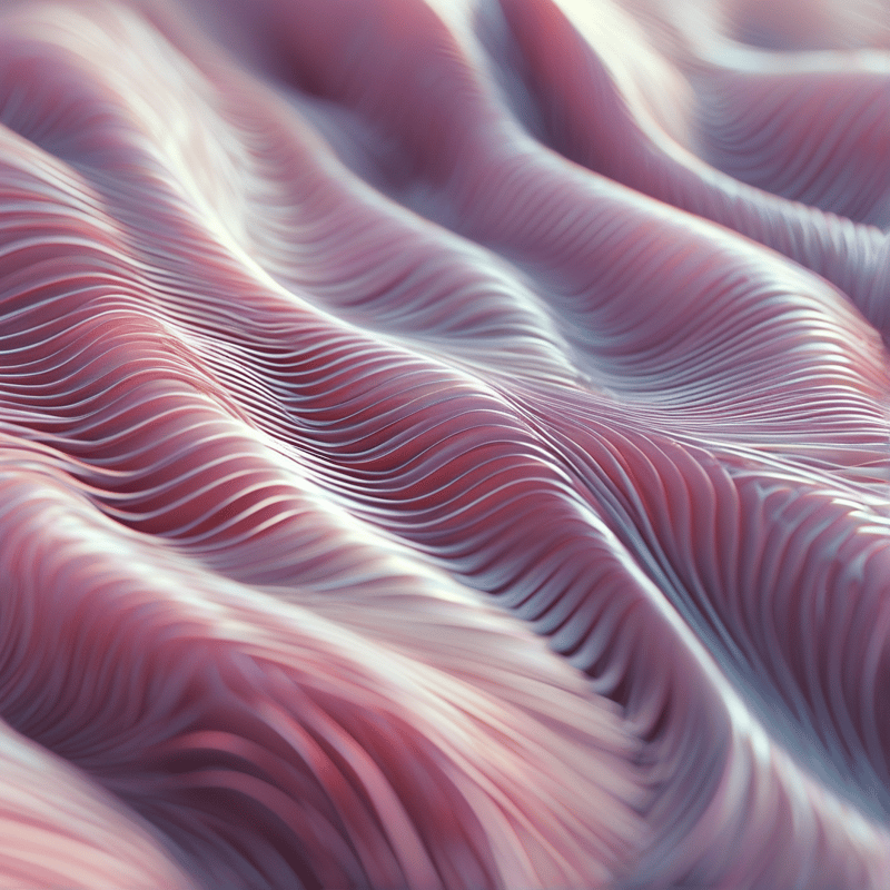 Flowing layers of pink and purple create a textured landscape resembling wind sculpted sand dunes under diffuse light.