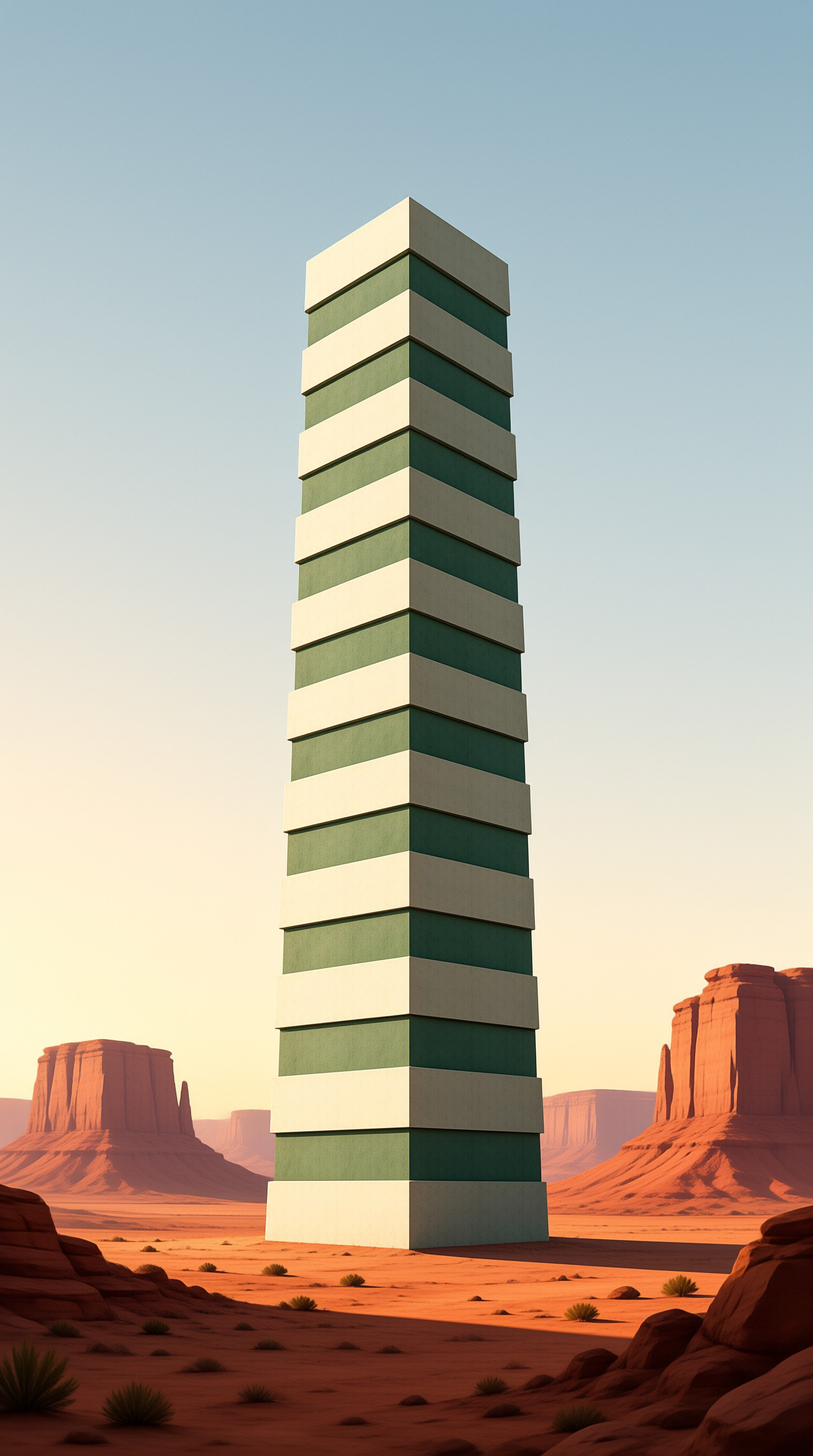 A tall minimalist sculpture painted in alternating green and cream bands standing amid red desert mesas