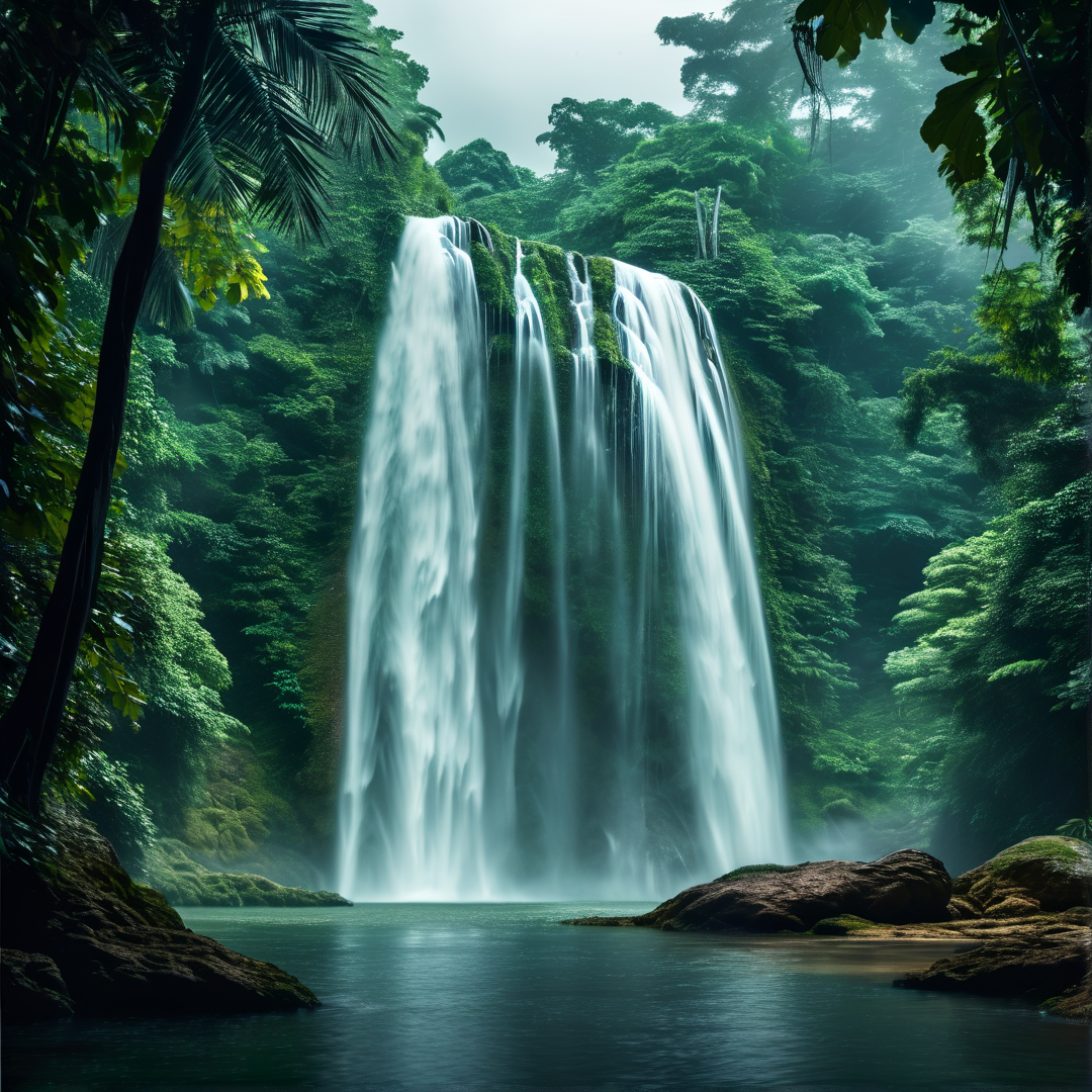 Waterfall in Dense Rainforest
