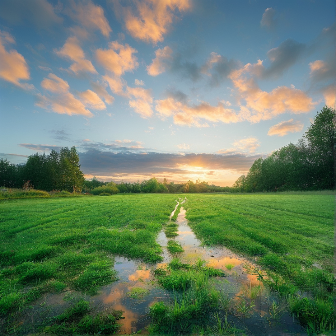 A shallow channel reflects the orange sunset sky across a wide green field bordered by distant trees.