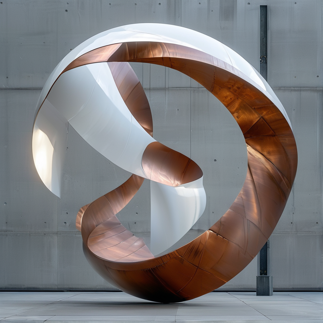 A large abstract metal ring with copper and white surfaces sits before a textured grey concrete wall.