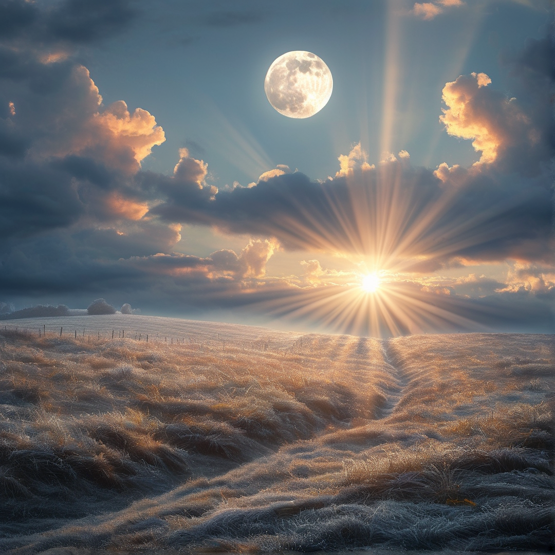 Sunrise and Moon Over Field