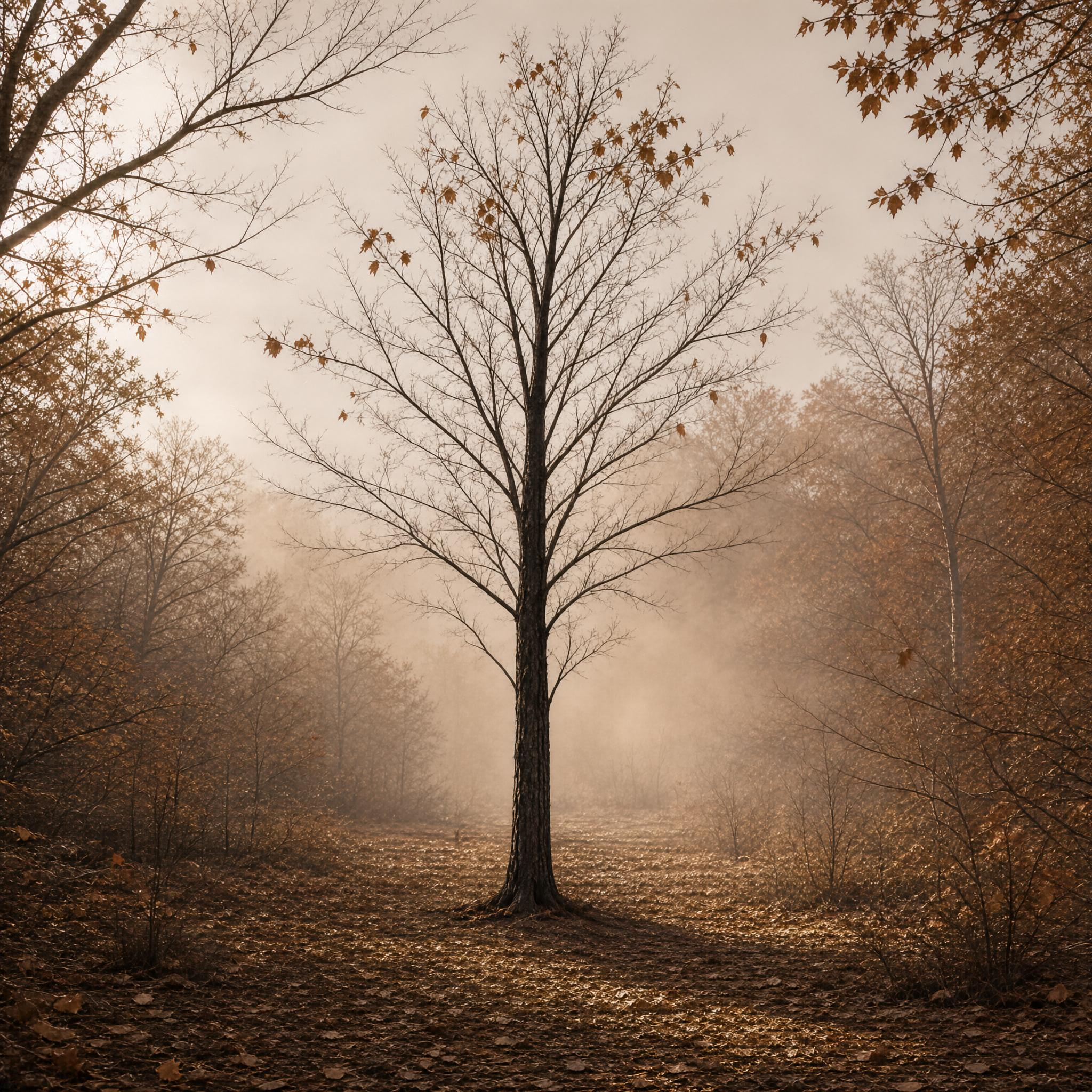 Solitary Tree in Autumn Fog