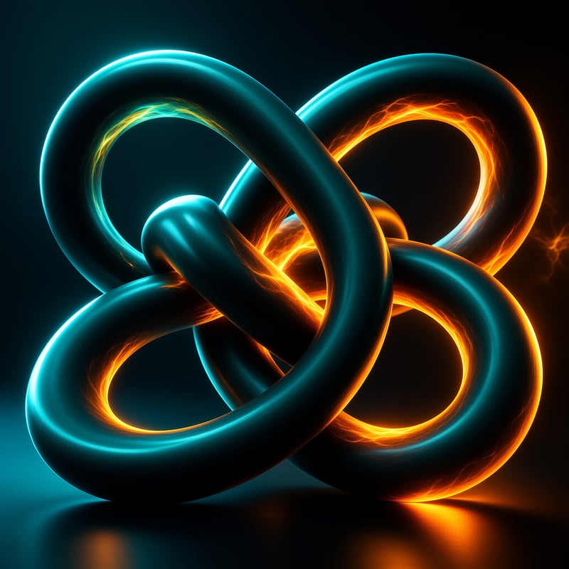 Glossy teal rings interlock into a knot, their inner edges glowing orange against a dark backdrop.