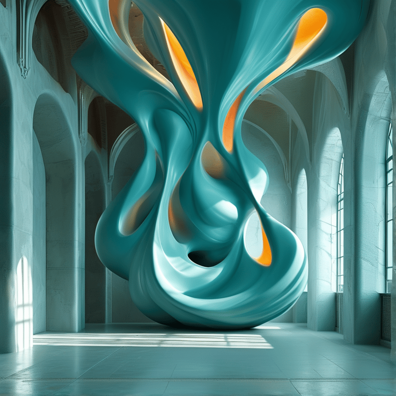 A large teal organic sculpture with orange folds sits in a bright hall featuring tall arched windows and columns.