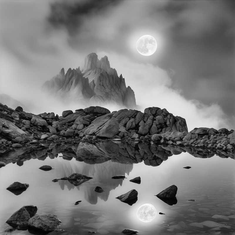 A luminous moon hangs above jagged granite summits emerging from mist with a rocky shoreline mirrored below.
