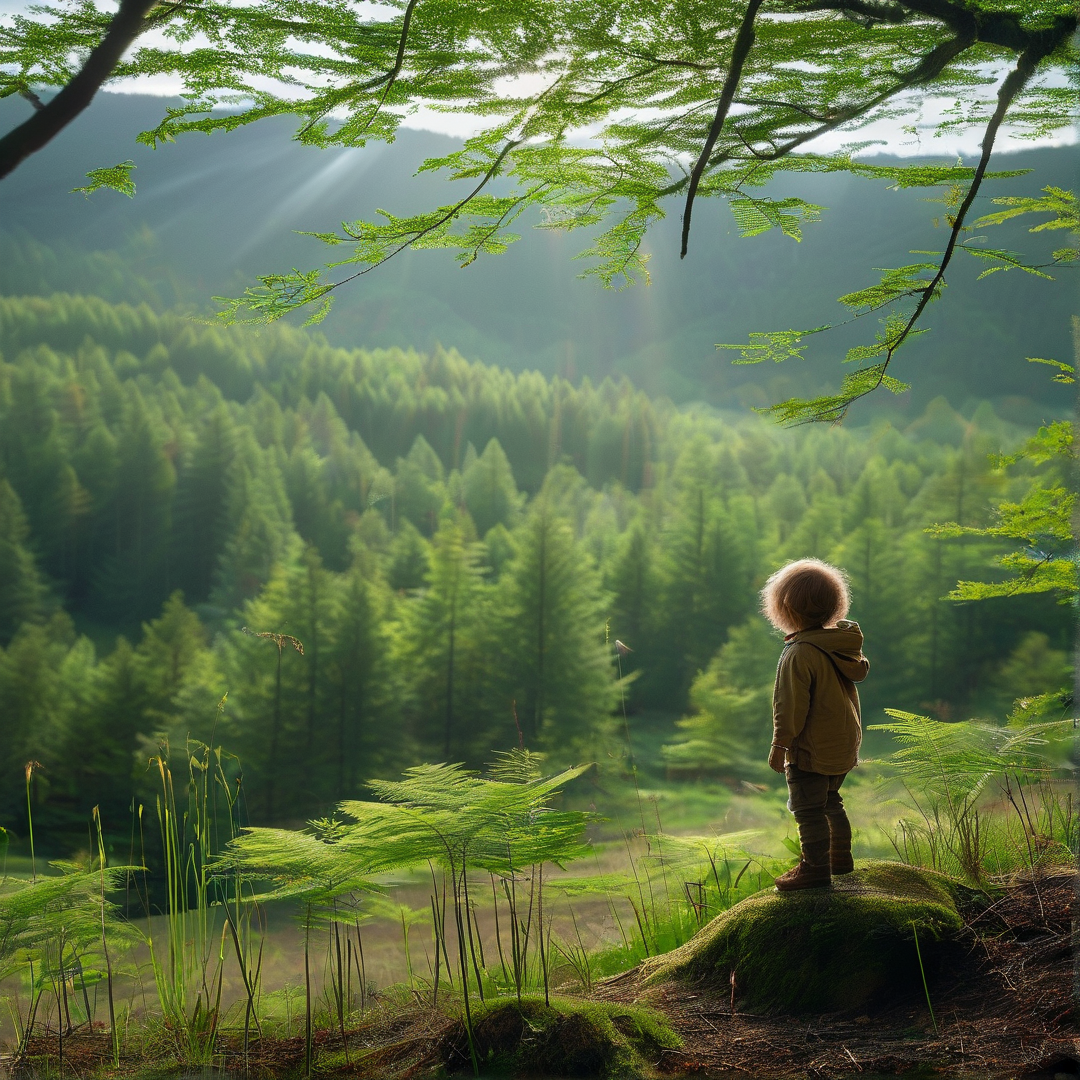 A young child stands on a mossy mound overlooking a vast green forest with sunbeams streaming through the trees.