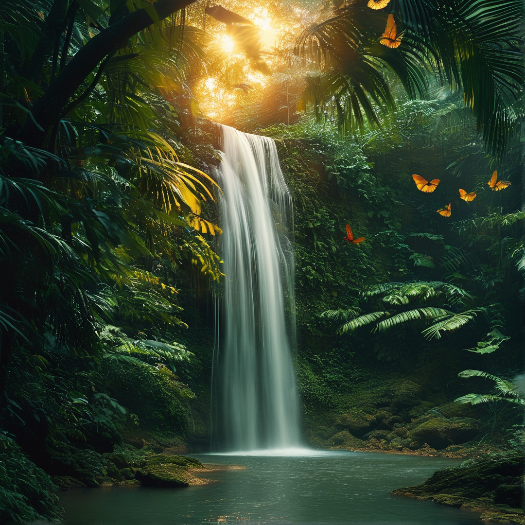 A waterfall flows into a pool surrounded by lush green foliage as sunlight filters through the trees and butterflies flutter.