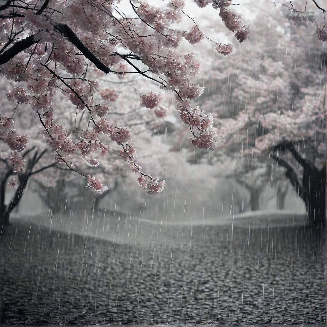 Pink cherry blossoms hang from dark branches while grey rain falls heavily in the background.