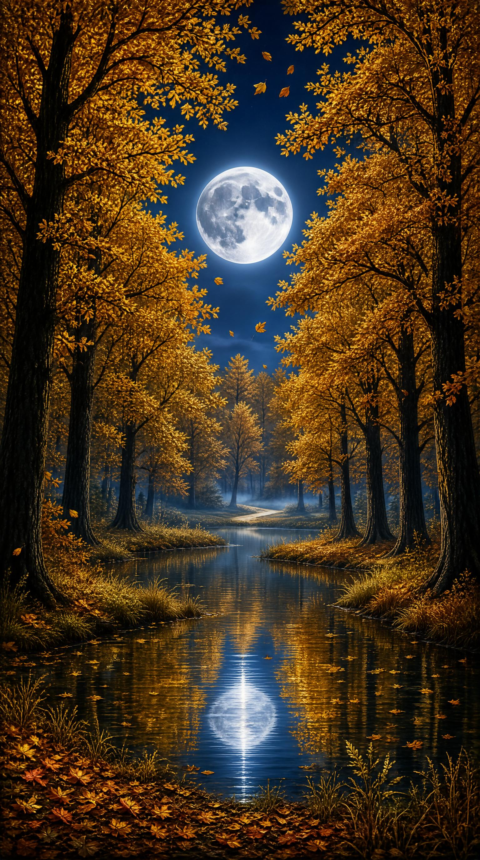 Full Moon Over Autumn Forest River