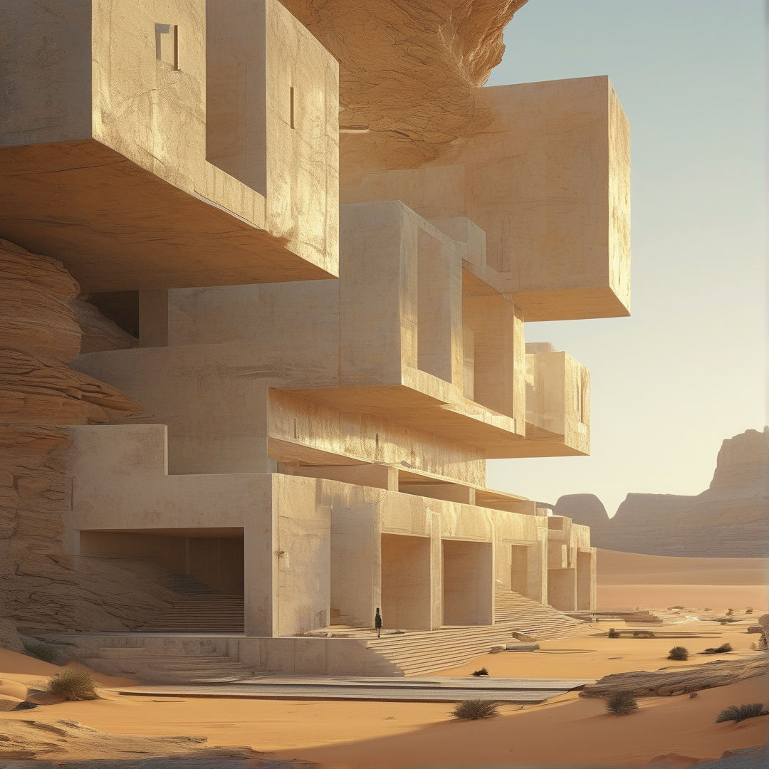 A minimalist structure with cubic overhangs rests against a rocky cliff in a sandy landscape bathed in sunlight.