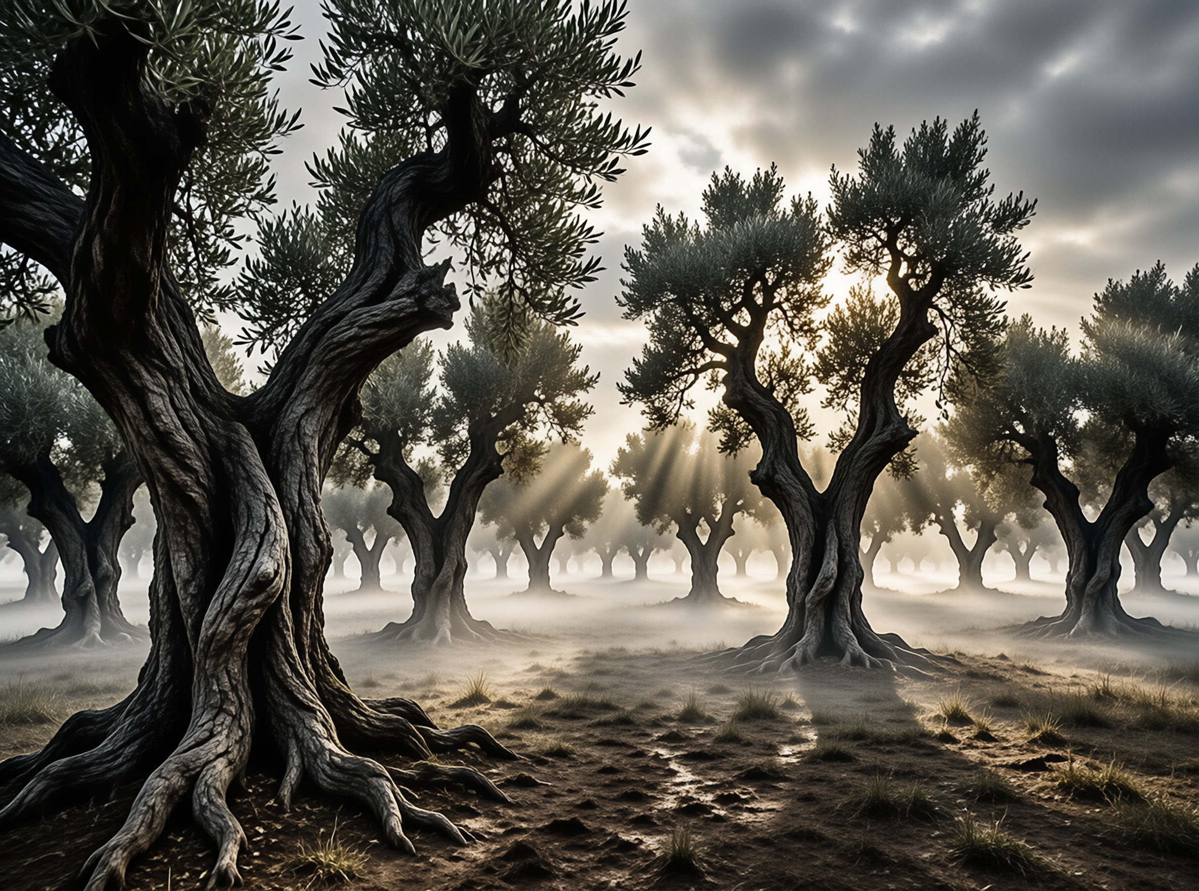 Sunlit Misty Olive Grove