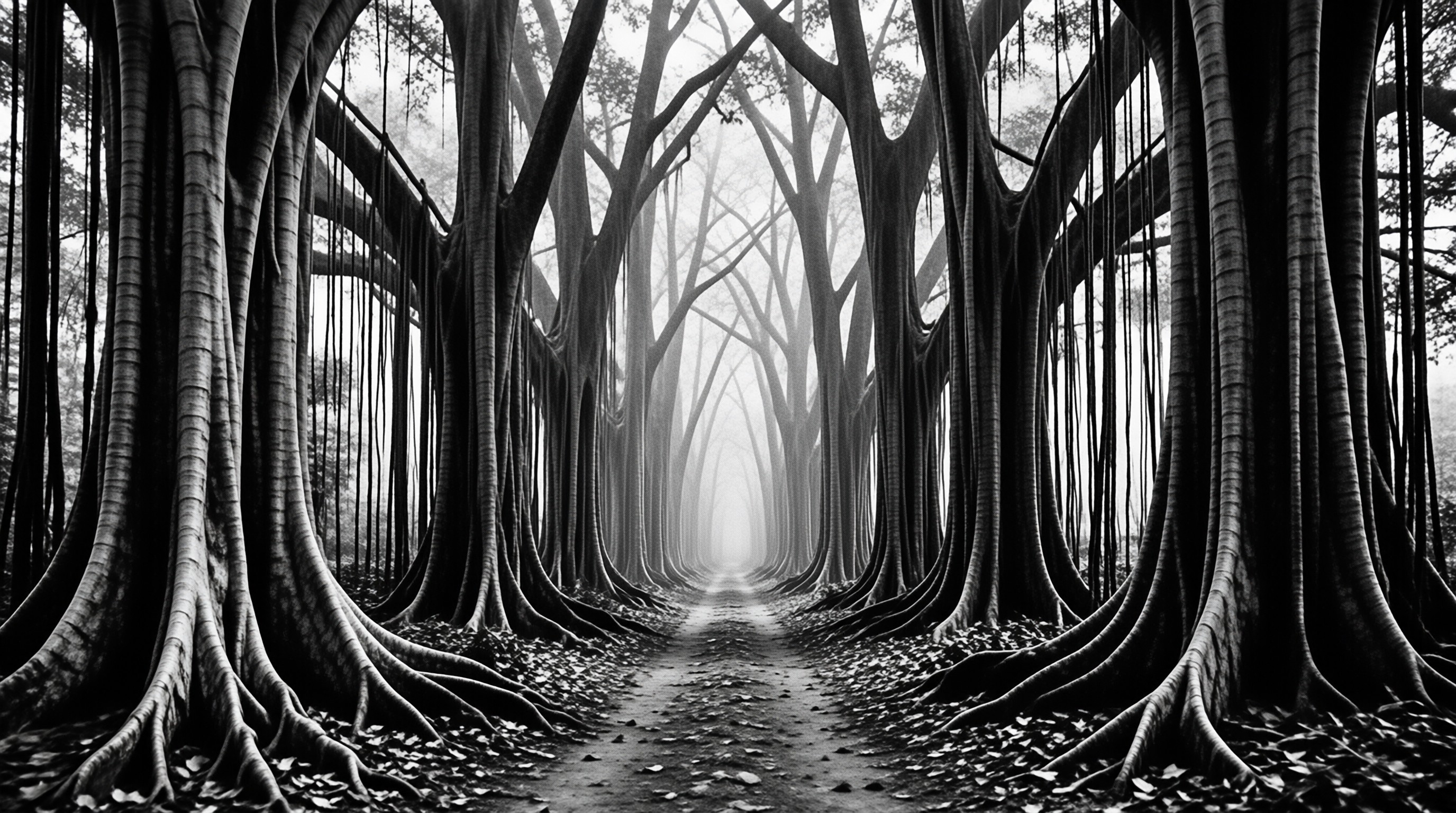 Massive tree trunks with hanging roots line a central path disappearing into a foggy distance in monochrome tones.