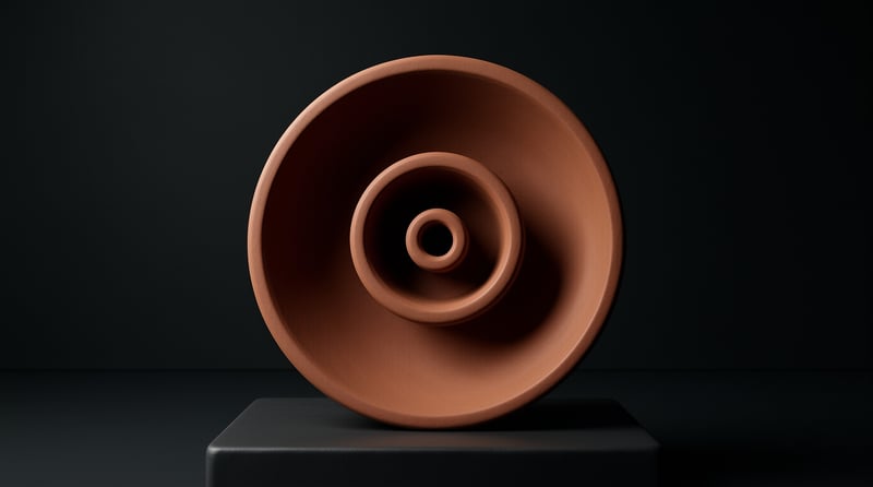 A reddish-brown clay object featuring nested circular rings rests on a dark rectangular block in low light.