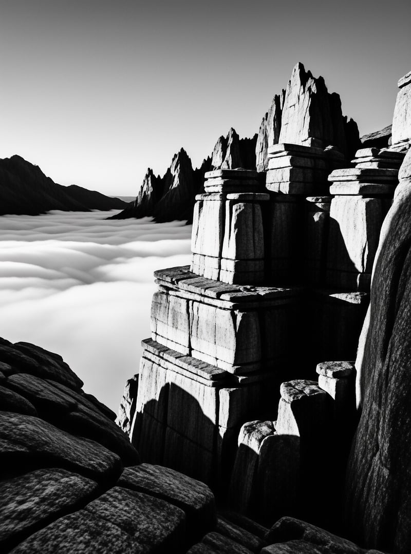 Geometric rock spires tower over a vast sea of white fog with dark mountains silhouetted against the bright sky.