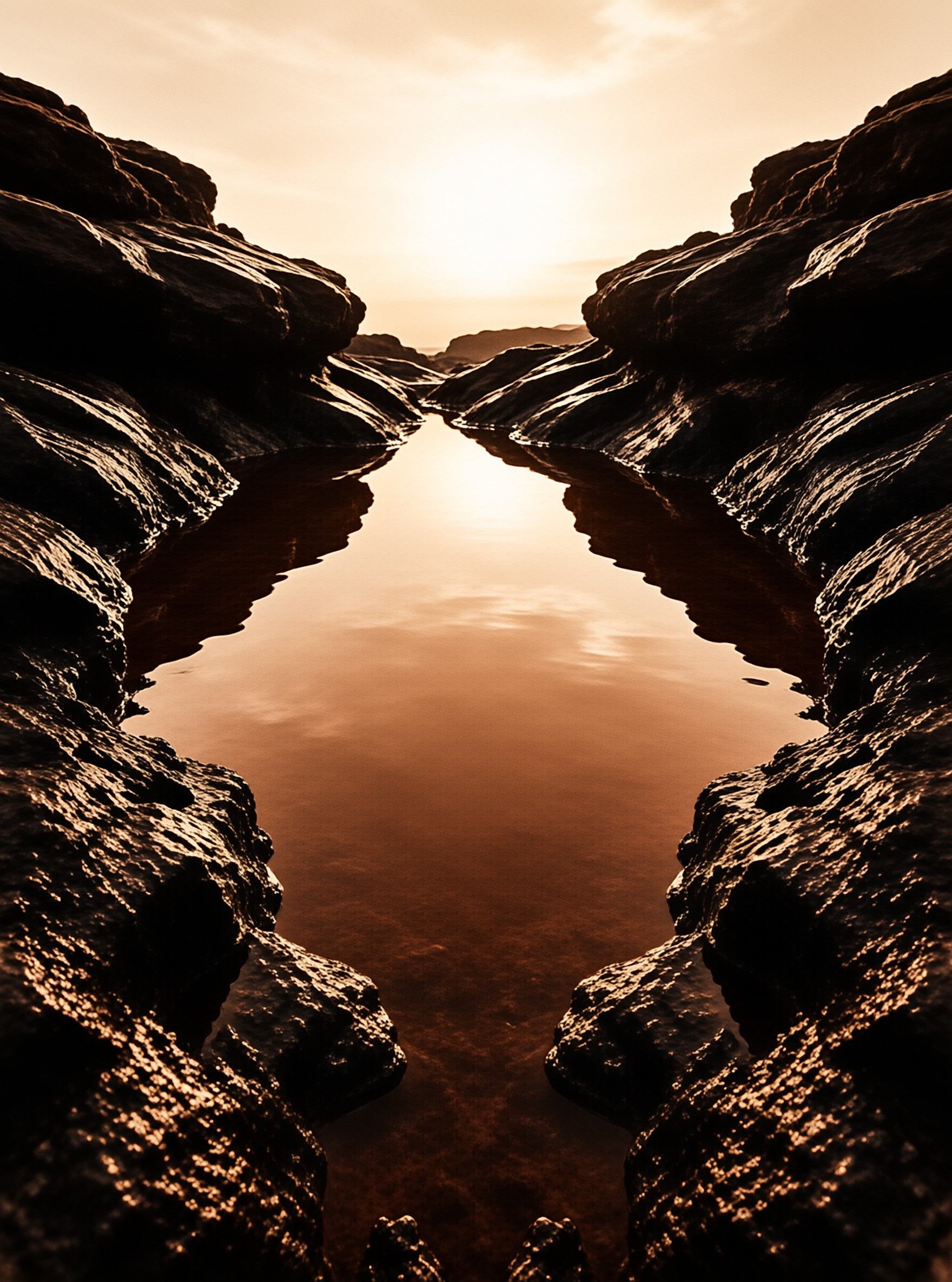 Calm water flows between dark rugged rocks reflecting the bright warm sky at the horizon.