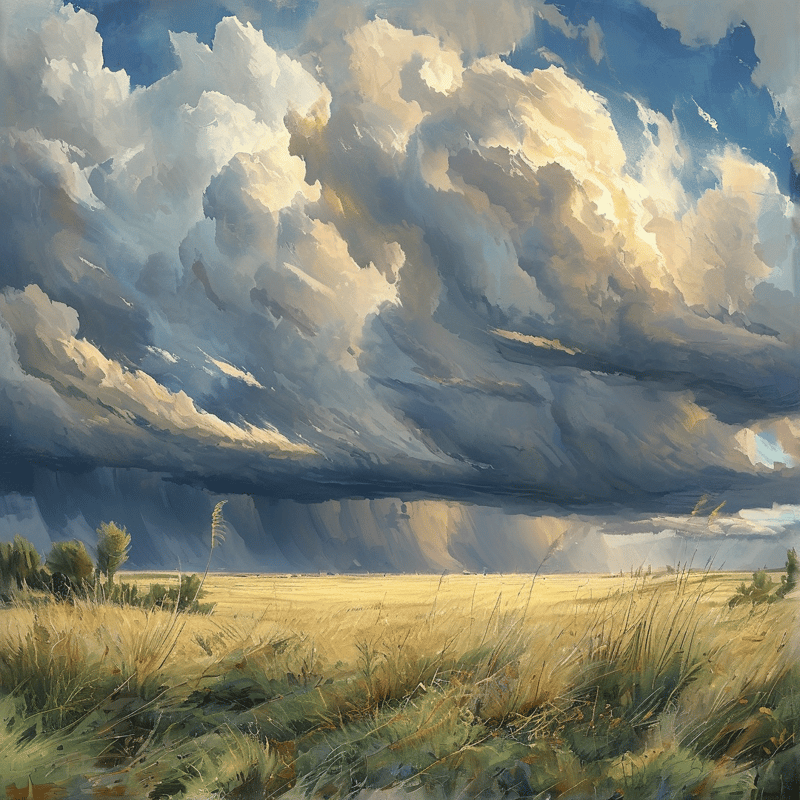 Huge storm clouds tower over a sunlit grassy plain while heavy darkness approaches the distant horizon.