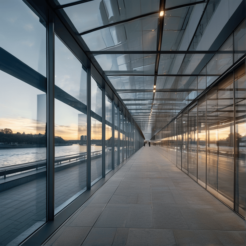 A long modern walkway of glass panels and steel beams looks out over calm water at dusk.