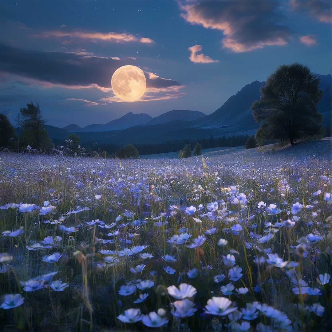 Moonlit Blue Flower Field