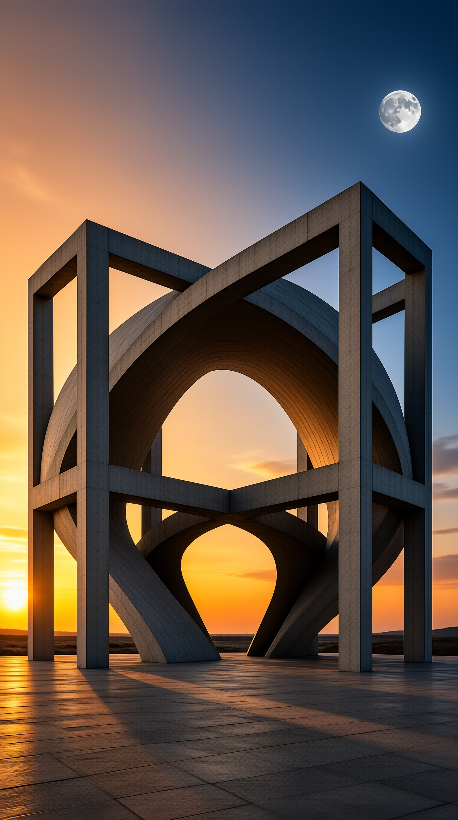 Interlocking concrete arches form a cubic monument silhouetted against a glowing sunset sky and rising moon.