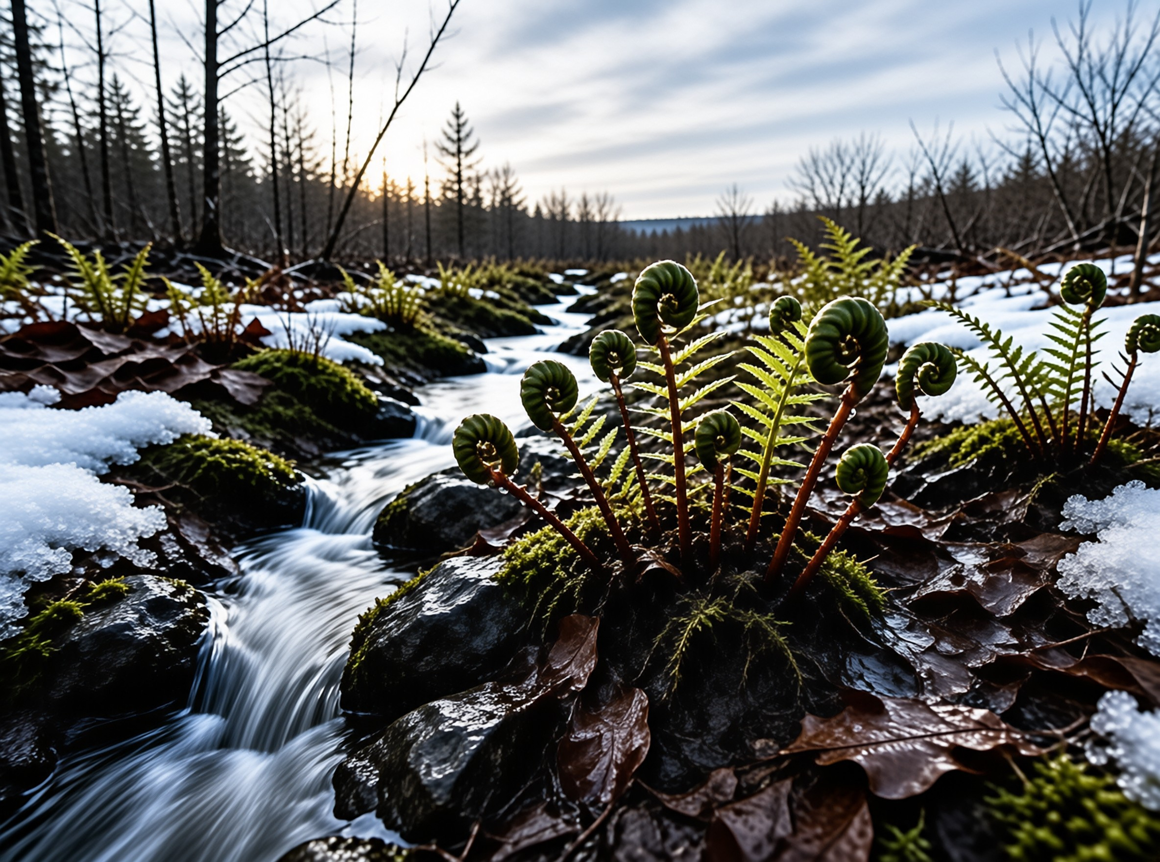 Green fern fronds rise from dark rocks amidst snow while a stream flows behind under soft light.