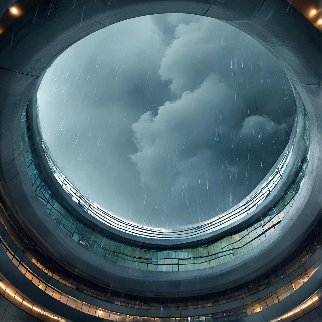 Looking up through a curved glass atrium reveals a stormy sky with heavy rain falling steadily.