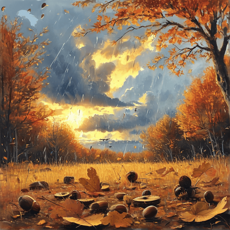 Painterly autumn scene showing fallen acorns and dry grass under dramatic golden sunset clouds
