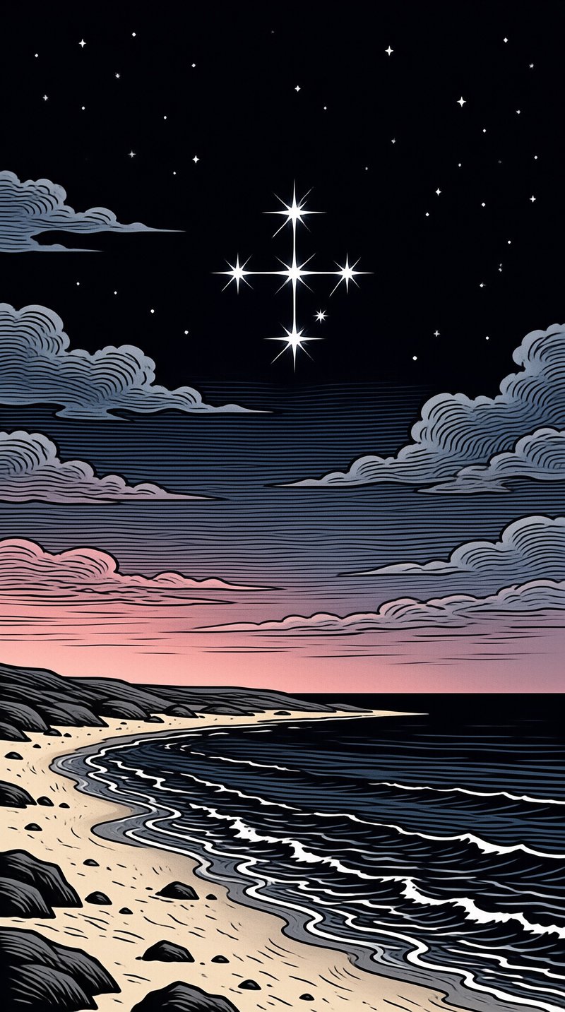 A stylized illustration shows a bright cross of stars above layered clouds and a moonlit sandy beach.