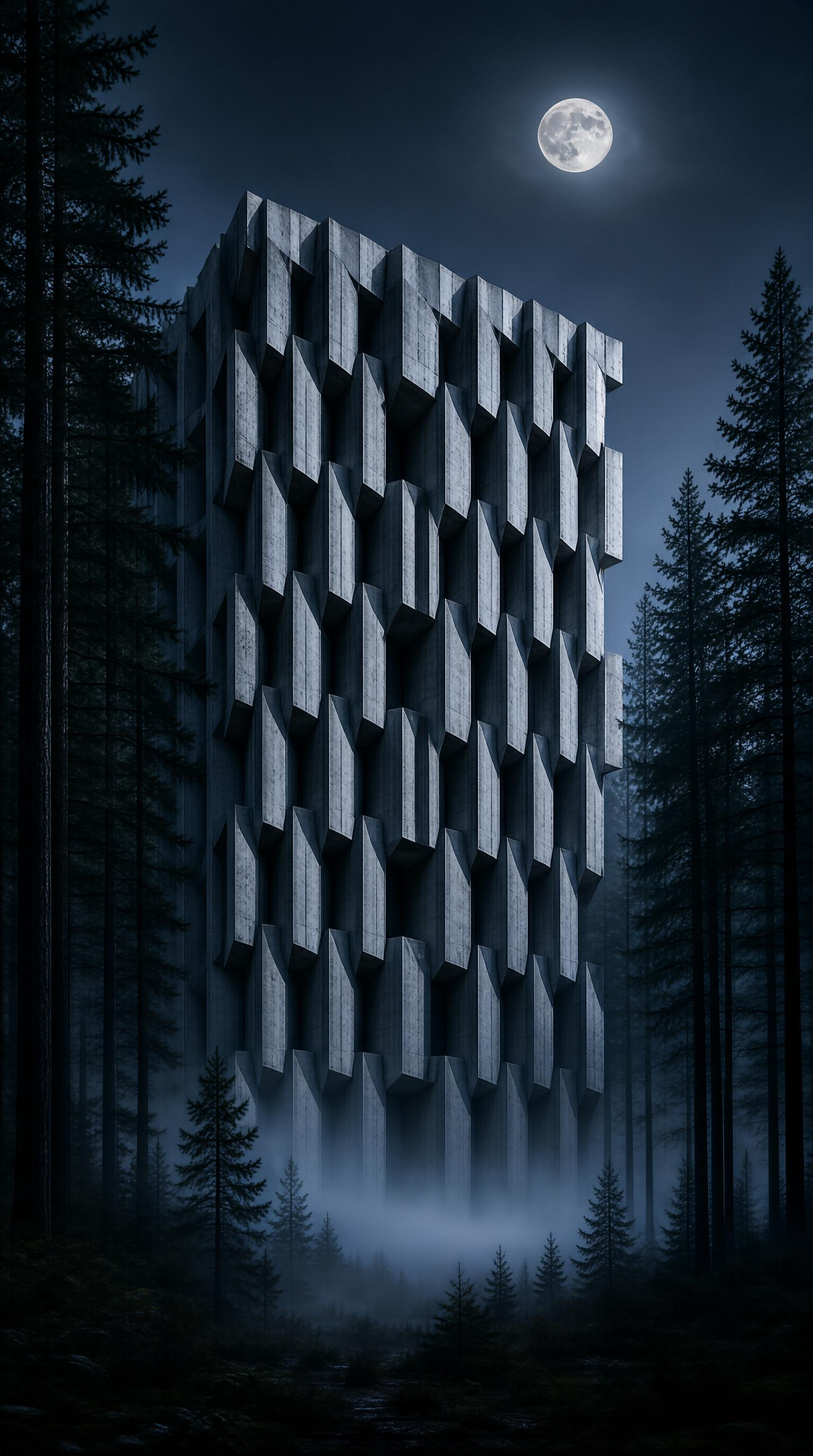Modern Concrete Tower in Forest at Night
