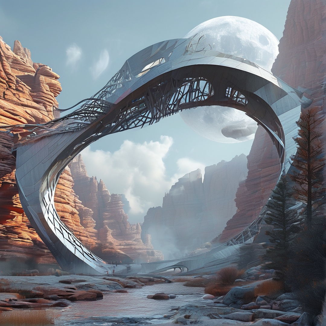 A sleek silver ribbon crosses a rocky gorge above a stream while a large celestial body hangs overhead.