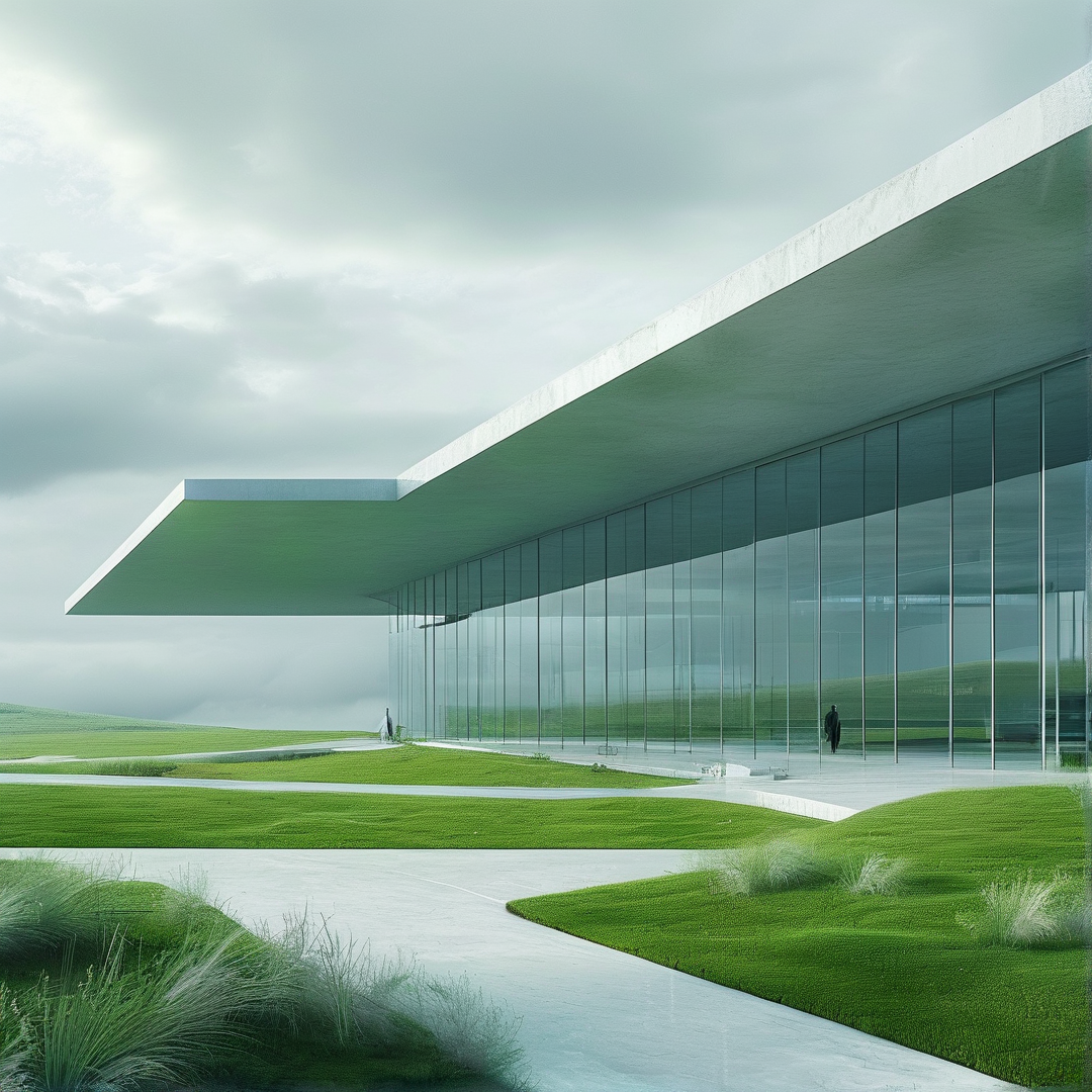 A sleek structure with a long white overhang and reflective walls stands amidst green fields under a cloudy sky.