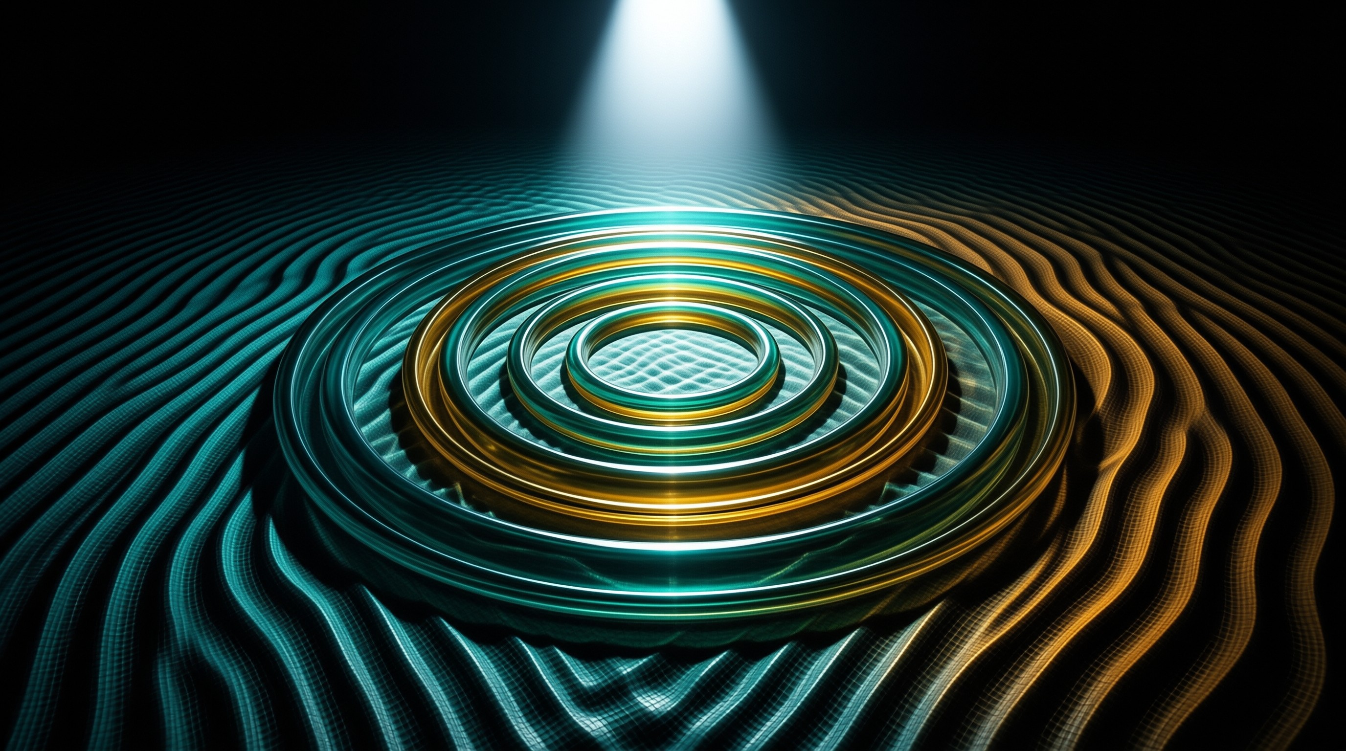 Metallic gold and teal rings rest upon a dark undulating surface illuminated by a central spotlight.