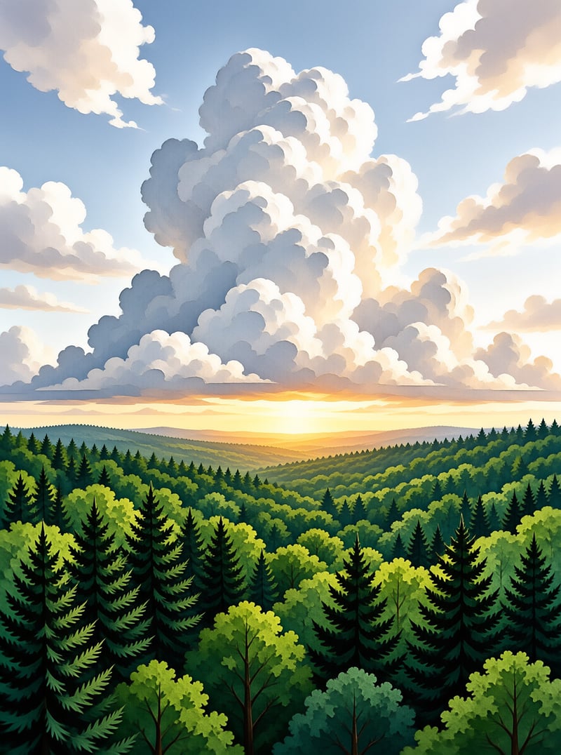 Layered evergreen trees stretch across rolling hills beneath massive white clouds illuminated by warm golden light near the horizon.