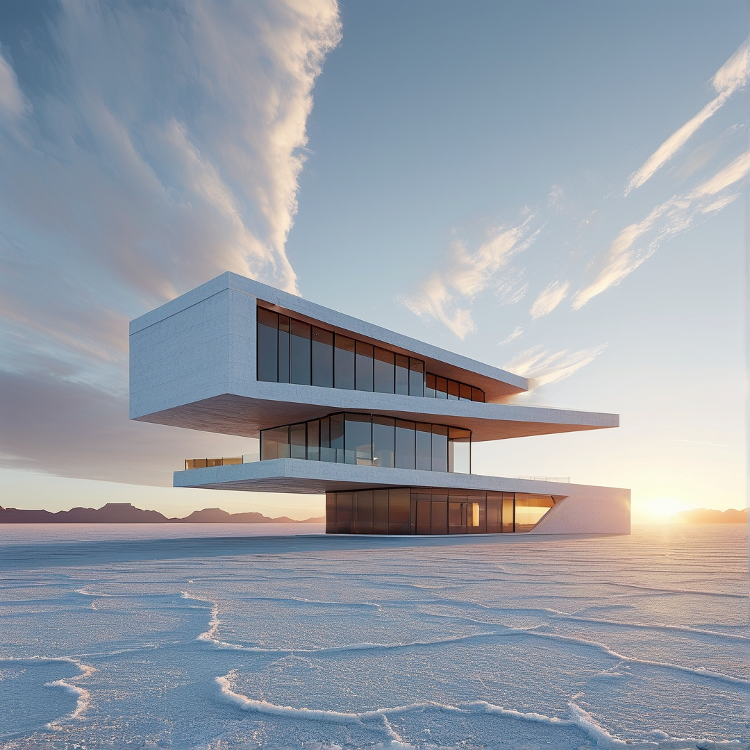 A sleek white building with glass panels stands on a vast salt flat under a blue sky with wispy clouds and warm light.