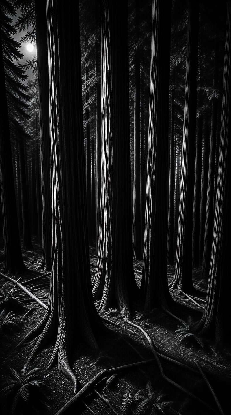 High contrast vertical tree trunks fill a dark forest scene while a bright moon glows in the upper left sky.