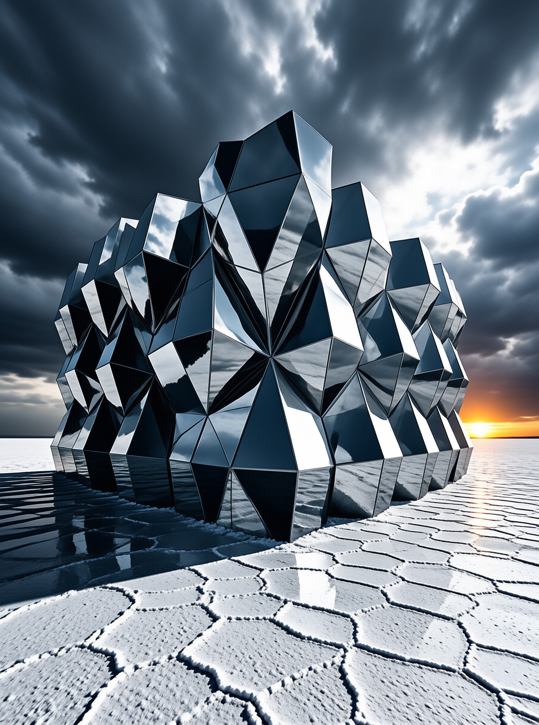 A shiny polyhedral structure sits on a white cracked salt flat under a stormy sky with a sunset glow.